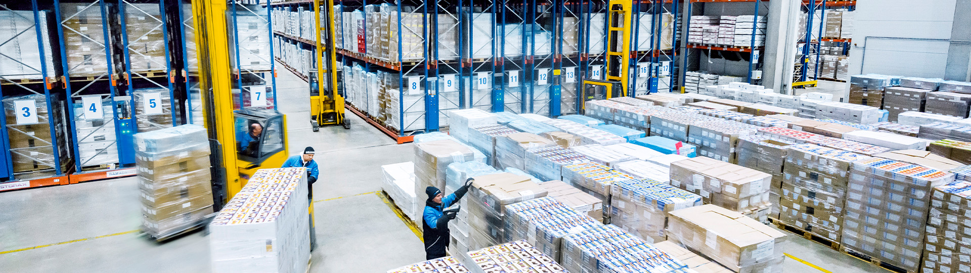 Paletten, Mitarbeiter und Gabelstapler im Hochregallager